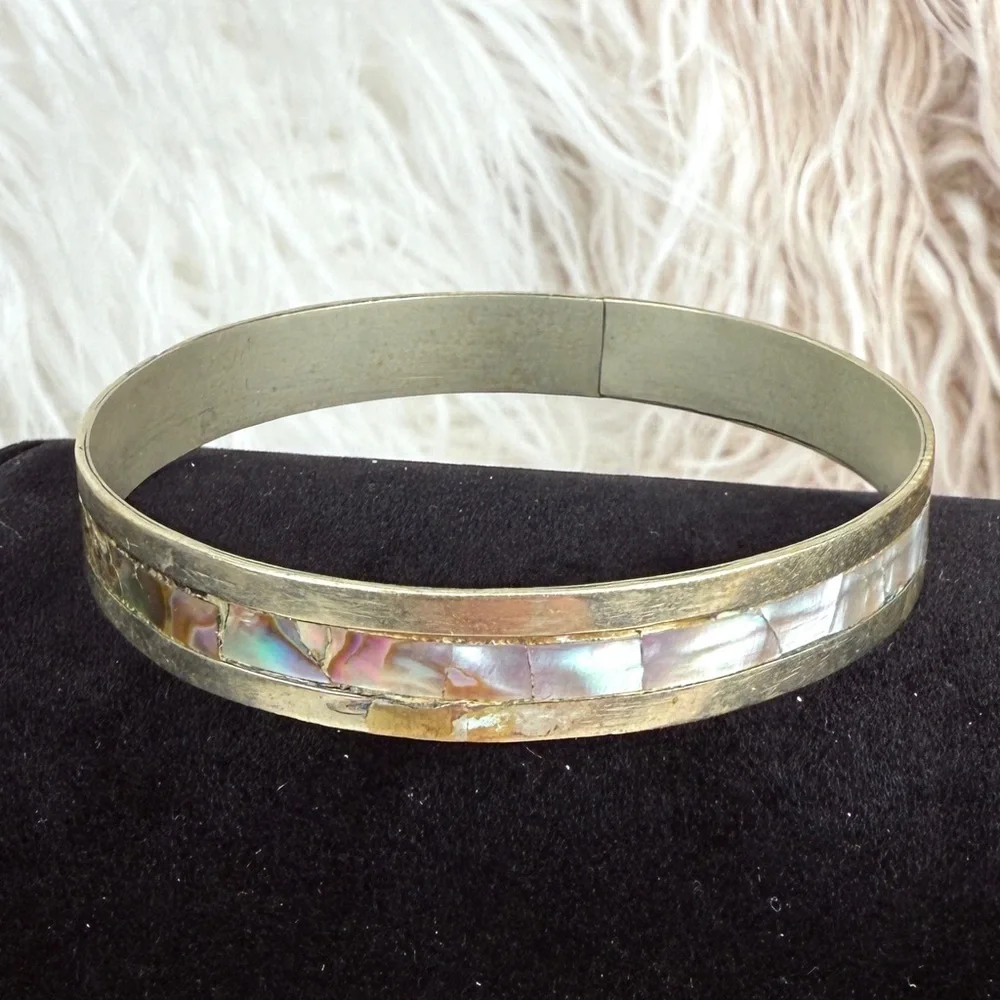 Vintage Boho Chic Oxidized Silvertone Abalone Mexico Stacking Bangle Bracelet